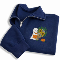 Floral Ghost Embroidered Quarter Zip Sweatshirt, Cute Cozy Ghost Pullover Sweater, Spooky Halloween Party Layer, Halloween Gift for Her