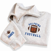 Personalized Football Embroidered Quarter Zip Sweatshirt, Custom Player Number, Sporty Crewneck Style, Game Day Wear, Custom Team Gift