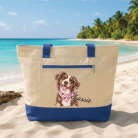 Personalized Pet Portrait Tote Bag with Zipper, Custom Dog or Cat Canvas Tote, Beach Travel Accessory, Pet Lover Canvas Bag, Gift for Her