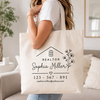 Personalized Floral Realtor Canvas Tote Bag, Custom Real Estate Agent Bag, Business Tote, Statement Tote Bag, Real Estate Gift for Her