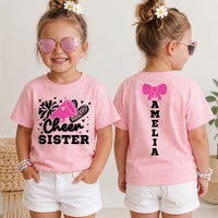 Personalized Cheer Sister Shirt, Custom Name Kids Spirit Tee, Toddler Shirt, Youth Cheerleading Outfit, Gift for Little Sister, Front Back