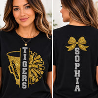 Personalized Glitter Cheer Mom Shirt, Custom Cheer Team Tee, Cheerleader Name, School Spirit Game Day Top, Sports Mom Gift, Front Back