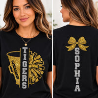 Personalized Glitter Cheer Mom Shirt, Custom Cheer Team Tee, Cheerleader Name, School Spirit Game Day Top, Sports Mom Gift, Front Back