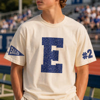 Personalized Glitter Team Spirit Shirt, Custom Varsity Initial Tee, Player Number Front Sleeve Print, School Spirit Game Day, Athlete Gifts