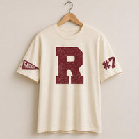 Personalized Glitter Team Spirit Shirt, Custom Varsity Initial Tee, Player Number Front Sleeve Print, School Spirit Game Day, Athlete Gifts