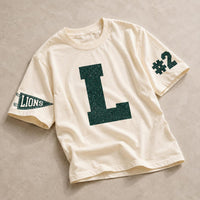Personalized Glitter Team Spirit Shirt, Custom Varsity Initial Tee, Player Number Front Sleeve Print, School Spirit Game Day, Athlete Gifts