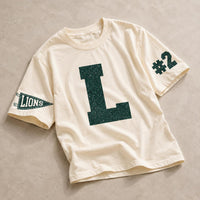 Personalized Glitter Team Spirit Shirt, Custom Varsity Initial Tee, Player Number Front Sleeve Print, School Spirit Game Day, Athlete Gifts