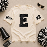 Personalized Glitter Team Spirit Shirt, Custom Varsity Initial Tee, Player Number Front Sleeve Print, School Spirit Game Day, Athlete Gifts