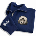 Personalized Pet Portrait Embroidered Quarter Zip Sweatshirt, Custom Pet Photo Pullover, Memorial Gift, Dog Mom Keepsake, Dog Lover Gift