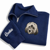 Personalized Pet Portrait Embroidered Quarter Zip Sweatshirt, Custom Pet Photo Pullover, Memorial Gift, Dog Mom Keepsake, Dog Lover Gift