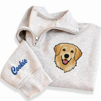 Personalized Pet Portrait Embroidered Quarter Zip Sweatshirt, Custom Pet Photo Pullover, Memorial Gift, Dog Mom Keepsake, Dog Lover Gift