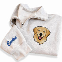 Personalized Pet Portrait Embroidered Quarter Zip Sweatshirt, Custom Pet Photo Pullover, Memorial Gift, Dog Mom Keepsake, Dog Lover Gift