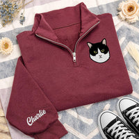Personalized Pet Portrait Embroidered Quarter Zip Sweatshirt, Custom Pet Photo Pullover, Memorial Gift, Dog Mom Keepsake, Dog Lover Gift