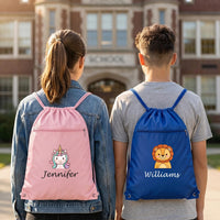 Personalized Animal Drawstring Backpack, Custom Name Kids Cinch Bag, School Activity Bag, Student Personalized Bag, Back to School Gift