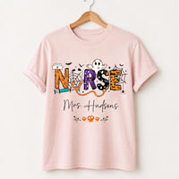 Personalized Halloween Nurse Tee, Custom Name Nursing Shirt, Spooky Season RN Top, Cute Healthcare Fall Shirt, Nurse Appreciation Gift