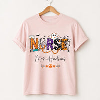 Personalized Halloween Nurse Tee, Custom Name Nursing Shirt, Spooky Season RN Top, Cute Healthcare Fall Shirt, Nurse Appreciation Gift