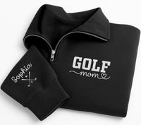 Golf Mom Embroidered Quarter Zip Sweatshirt, Custom Sleeve Name Pullover, Country Club Pullover, Sporty Mama Outfit, Golf Lover Gift
