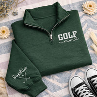 Golf Mom Embroidered Quarter Zip Sweatshirt, Custom Sleeve Name Pullover, Country Club Pullover, Sporty Mama Outfit, Golf Lover Gift
