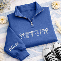 Personalized Nurse Embroidered Quarter Zip Sweatshirt, Custom Medical Pullover, Scrub Layering Top, Coquette Nurse Bow, Nurses Week Gift