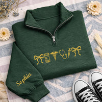 Personalized Nurse Embroidered Quarter Zip Sweatshirt, Custom Medical Pullover, Scrub Layering Top, Coquette Nurse Bow, Nurses Week Gift