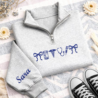 Personalized Nurse Embroidered Quarter Zip Sweatshirt, Custom Medical Pullover, Scrub Layering Top, Coquette Nurse Bow, Nurses Week Gift