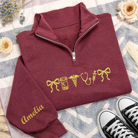 Personalized Nurse Embroidered Quarter Zip Sweatshirt, Custom Medical Pullover, Scrub Layering Top, Coquette Nurse Bow, Nurses Week Gift