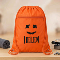 Personalized Halloween Drawstring Backpack, Custom Pumpkin Face Cinch Bag, Kids Trick or Treat Bag, Party Favor Cinch Bag, Event Favor