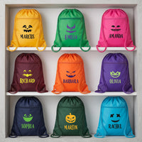 Personalized Halloween Drawstring Backpack, Custom Pumpkin Face Cinch Bag, Kids Trick or Treat Bag, Party Favor Cinch Bag, Event Favor