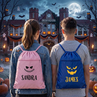 Personalized Halloween Drawstring Backpack, Custom Pumpkin Face Cinch Bag, Kids Trick or Treat Bag, Party Favor Cinch Bag, Event Favor