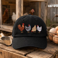 Chicken Lover Embroidered Hat, Rooster and Hens Farm Design, Bio Washed Cotton Cap, Backyard Chicken Keeper Gift, Everyday Cap Gift