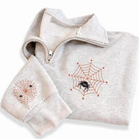 Spooky Spider Web Embroidered Quarter Zip Sweatshirt, Spooky Season Pullover Sweater, Halloween Party Layering Top, Halloween Gift for Her