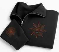 Spooky Spider Web Embroidered Quarter Zip Sweatshirt, Spooky Season Pullover Sweater, Halloween Party Layering Top, Halloween Gift for Her