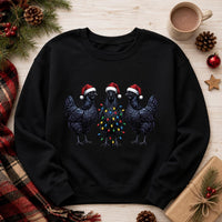 Gothic Christmas Chicken Sweatshirt, Funny Black Hen Holiday Crewneck, Santa Hat Chicken Lights Print, Animal Lover Gift, Christmas Gift