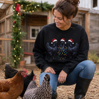 Gothic Christmas Chicken Sweatshirt, Funny Black Hen Holiday Crewneck, Santa Hat Chicken Lights Print, Animal Lover Gift, Christmas Gift