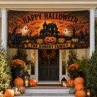 Personalized Halloween Vinyl Banner Sign, Custom Family Name Ghost Pumpkin Decor, Waterproof Outdoor Holiday Sign, Halloween Party Banner