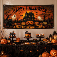 Personalized Halloween Vinyl Banner Sign, Custom Family Name Ghost Pumpkin Decor, Waterproof Outdoor Holiday Sign, Halloween Party Banner