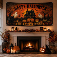 Personalized Halloween Vinyl Banner Sign, Custom Family Name Ghost Pumpkin Decor, Waterproof Outdoor Holiday Sign, Halloween Party Banner
