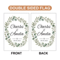 Custom Wedding Garden Flag, Couple Names 12x18 Double Sided, Personalized Welcome Sign, Eucalyptus Bridal Shower Yard Decor, Wedding Gift