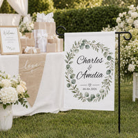 Custom Wedding Garden Flag, Couple Names 12x18 Double Sided, Personalized Welcome Sign, Eucalyptus Bridal Shower Yard Decor, Wedding Gift