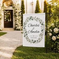 Custom Wedding Garden Flag, Couple Names 12x18 Double Sided, Personalized Welcome Sign, Eucalyptus Bridal Shower Yard Decor, Wedding Gift