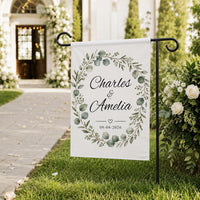 Custom Wedding Garden Flag, Couple Names 12x18 Double Sided, Personalized Welcome Sign, Eucalyptus Bridal Shower Yard Decor, Wedding Gift