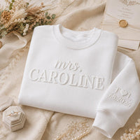 Personalized Mrs Puff Print Shirt, Bride Name Sweatshirt, Wedding Date Sleeve, Custom Puff Sweatshirt, Anniversary Custom Gift for Her