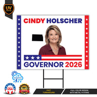 Cindy Holscher For Kansas Governor 2026 Yard Sign, Corrugated Plastic Governor Elections, Race Red White & Blue Yard Sign with Metal H-Stake