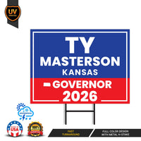 Ty Masterson For Kansas Governor 2026 Yard Sign, Corrugated Plastic Governor Elections, Race Red White & Blue Yard Sign with Metal H-Stake