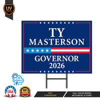 Ty Masterson For Kansas Governor 2026 Yard Sign, Corrugated Plastic Governor Elections, Race Red White & Blue Yard Sign with Metal H-Stake