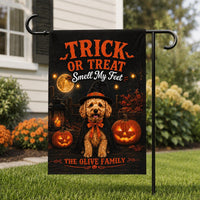 Personalized Doodle Dog Halloween Garden Flag, 12x18 Double Sided Yard Flag, Spooky Porch Decor, Witch Puppy Yard Decor, Pet Lover Gift