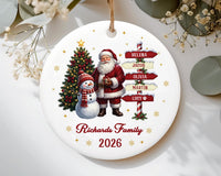 Personalized Family Ceramic Ornament, Custom Name Signpost, Santa Snowman Decor, Personalized Christmas Ornament, Family Christmas Gift