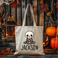 Personalized Halloween Canvas Tote Bag, Custom Name Trick or Treat Bag, Cute Spooky Character Cotton Tote, Novelty Tote Bag, Funny Gift