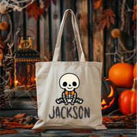 Personalized Halloween Canvas Tote Bag, Custom Name Trick or Treat Bag, Cute Spooky Character Cotton Tote, Novelty Tote Bag, Funny Gift