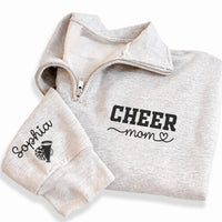 Cheer Mom Embroidered Quarter Zip Sweatshirt, Custom Sleeve Name Pullover, Mama Cozy Pullover, Cheer Competition Wear, Gift for Mom